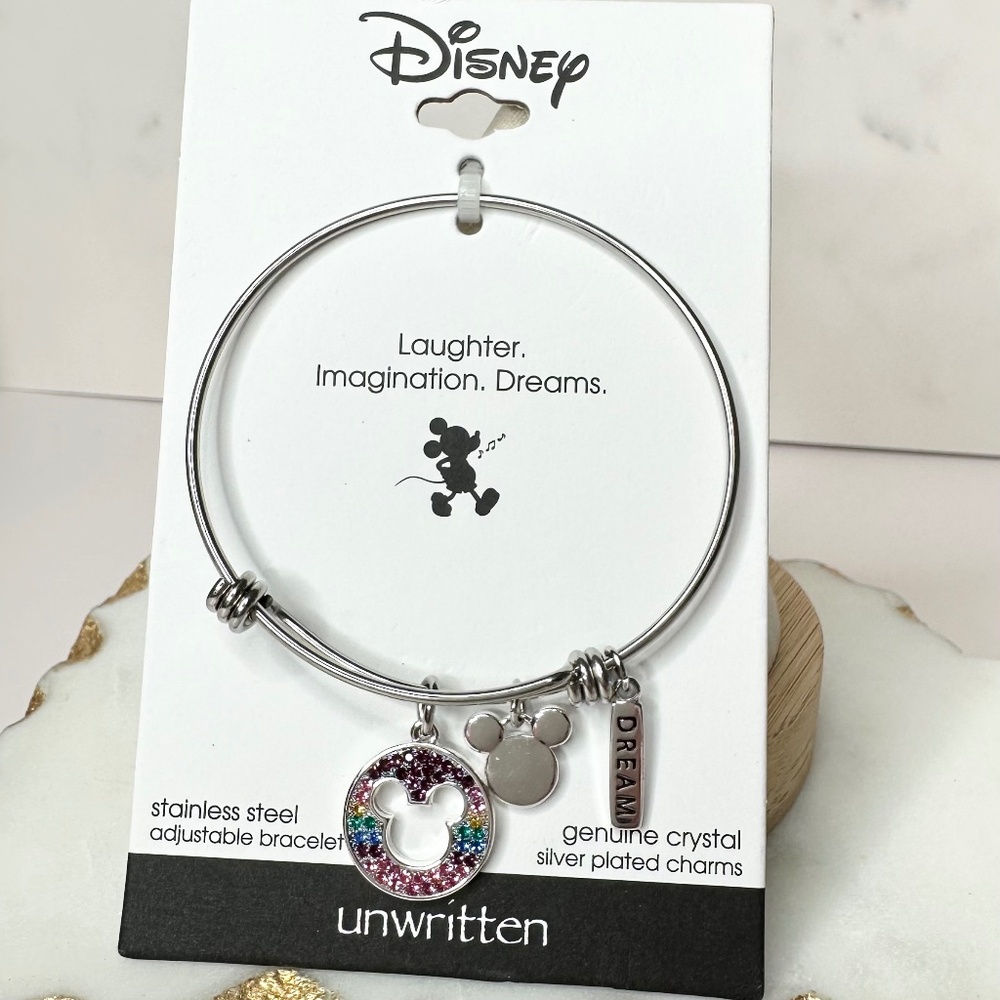 Unwritten Disney Stainless Steel Adjustable Bracelet Genuine Crystal Silver NWT